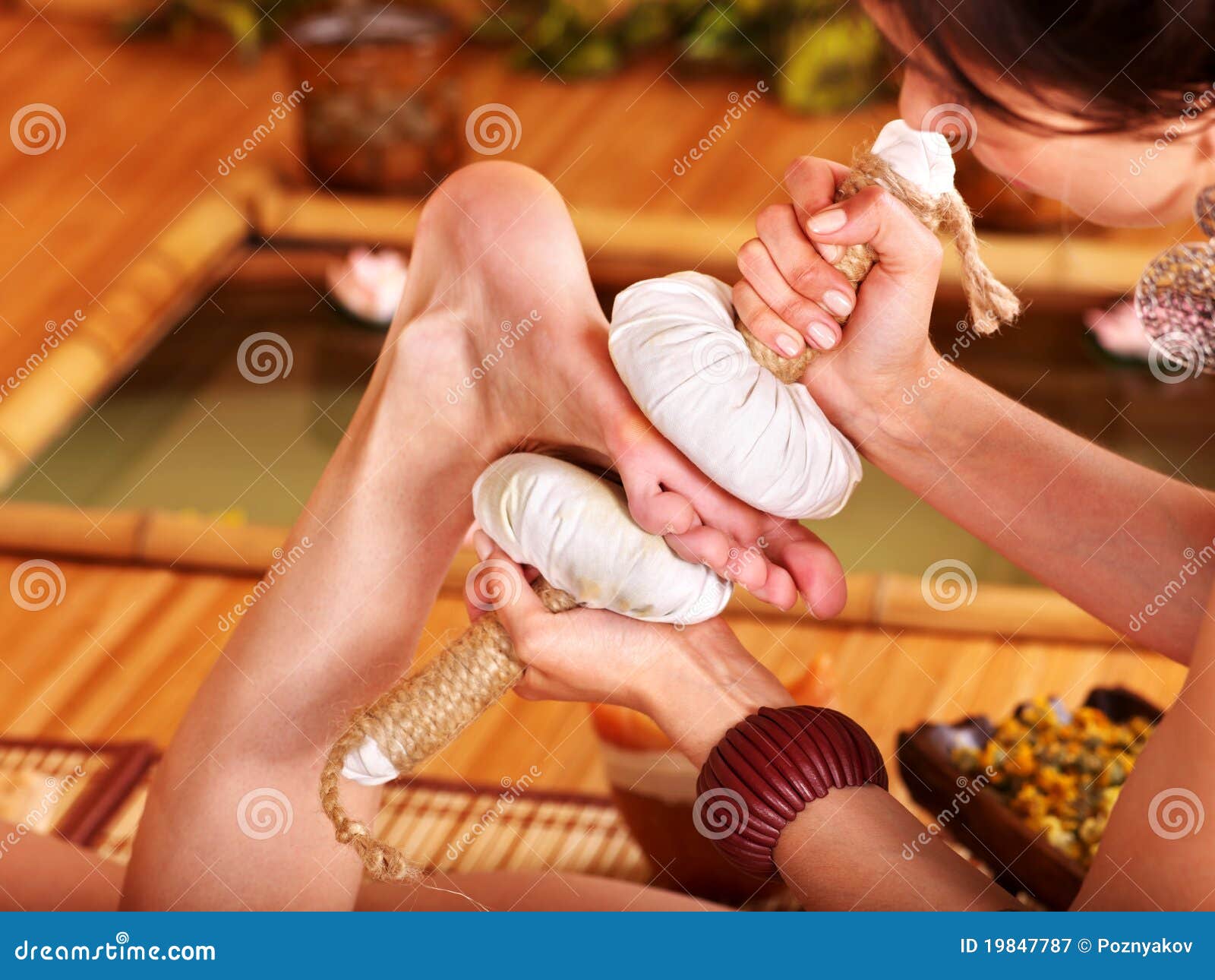 Woman Getting Foot Massage In Bamboo Spa Stock Image Image Of