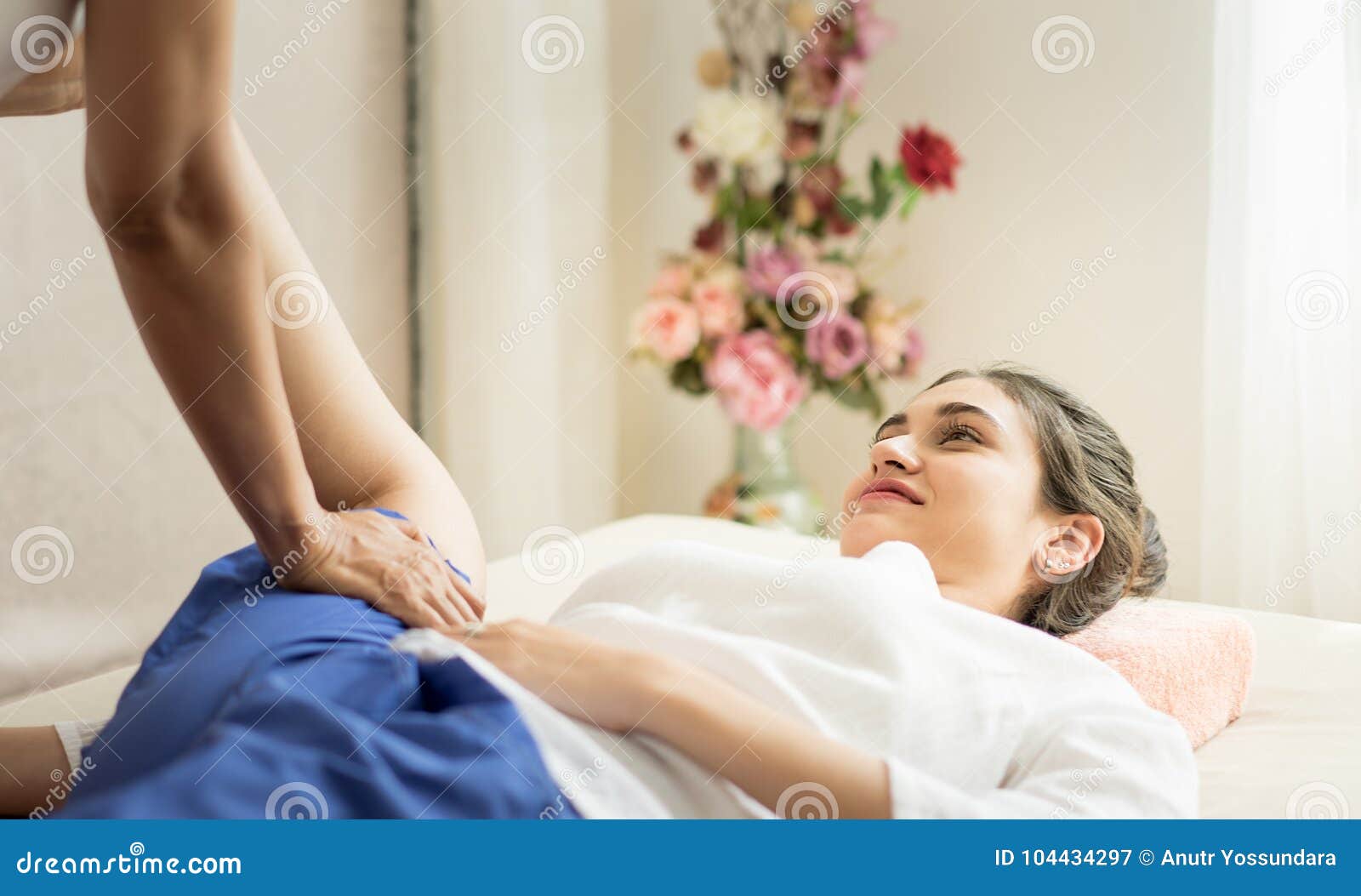 Woman Getting Leg Stretching In Thai Massage Spa Stock Image Image Of