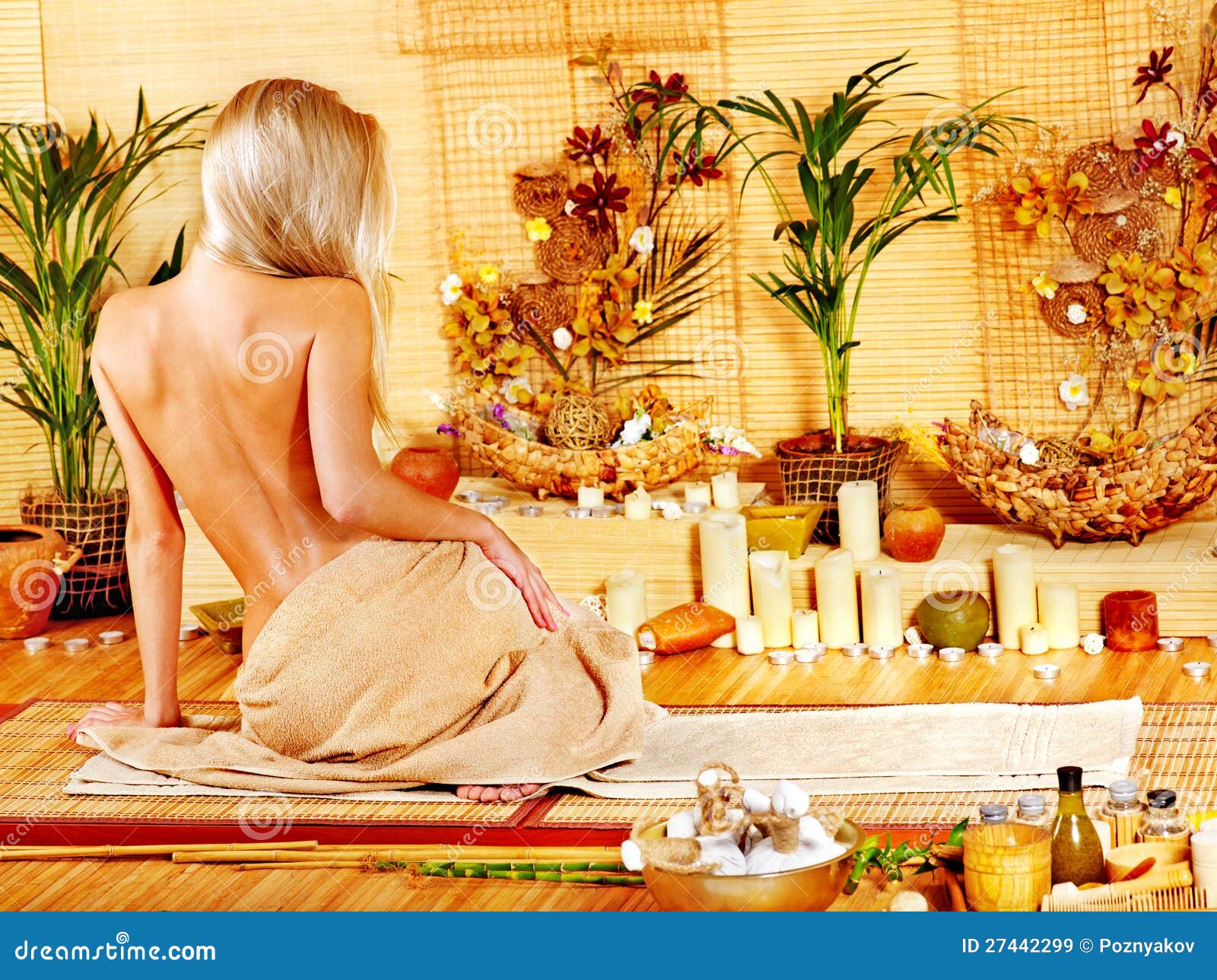 Woman Getting Massage in Bamboo Spa. Stock Image Image of brown, bare