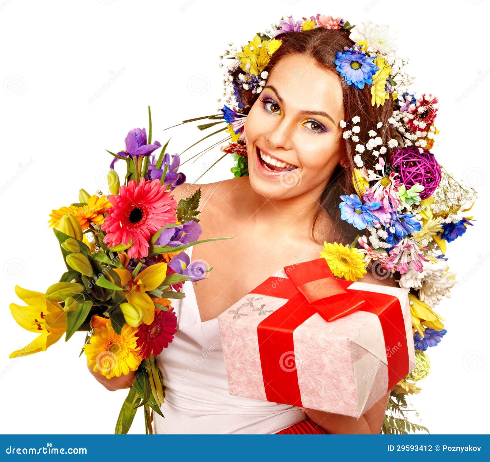 Woman with Gift Box and Flower Bouquet . Stock Photo Image of