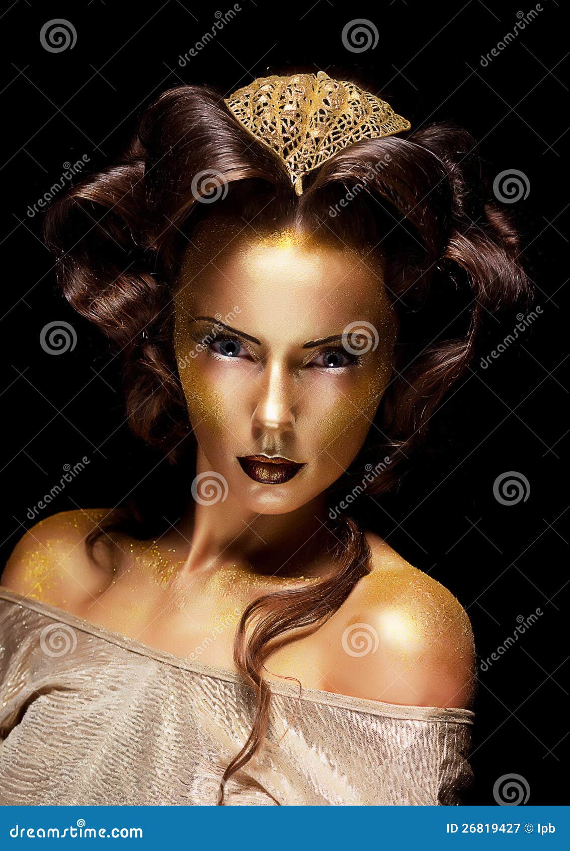 woman gilded golden face - theater luxury make up