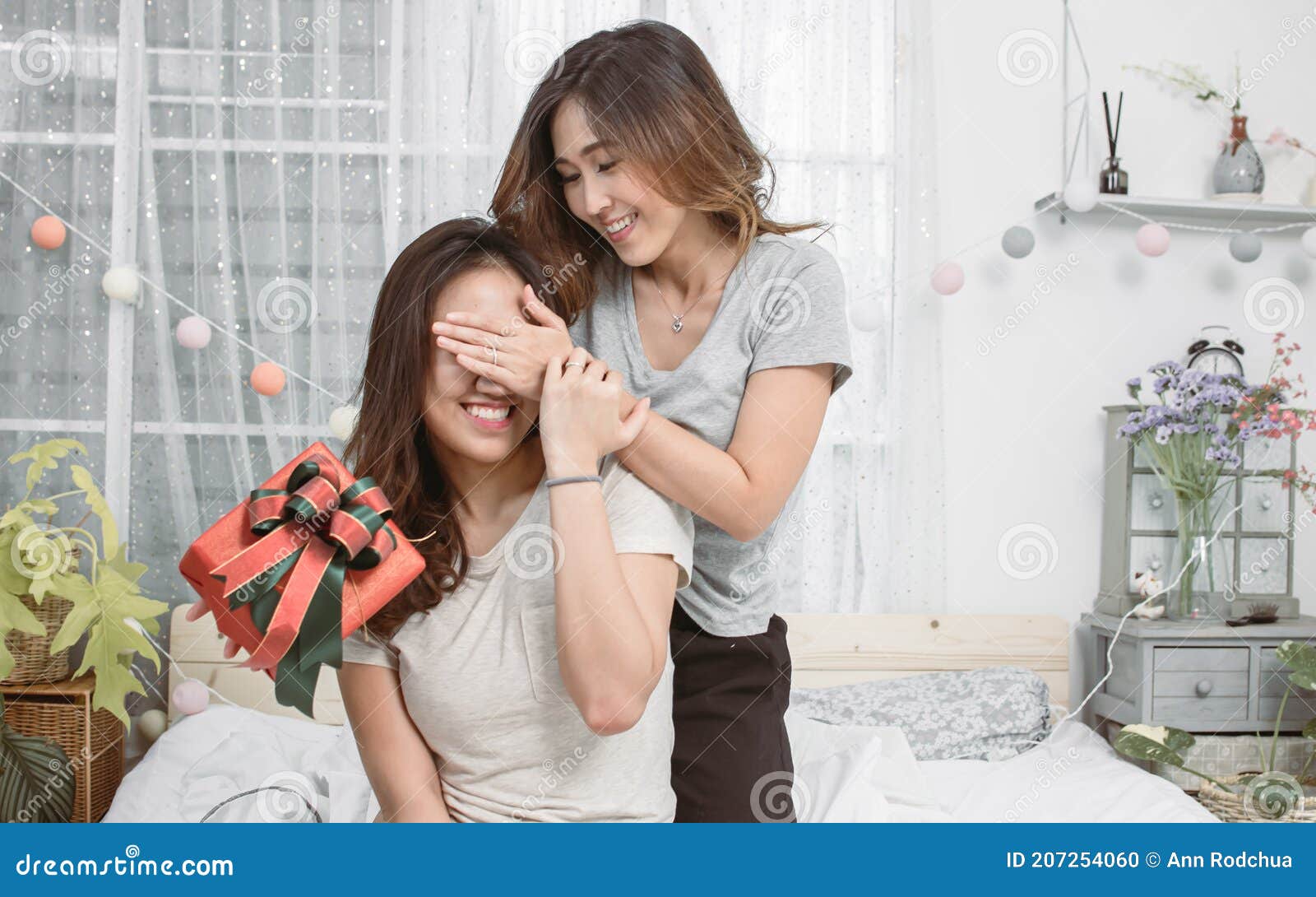 Woman Giving Surprise Her Girlfriend Lesbian And Love Concept Stock