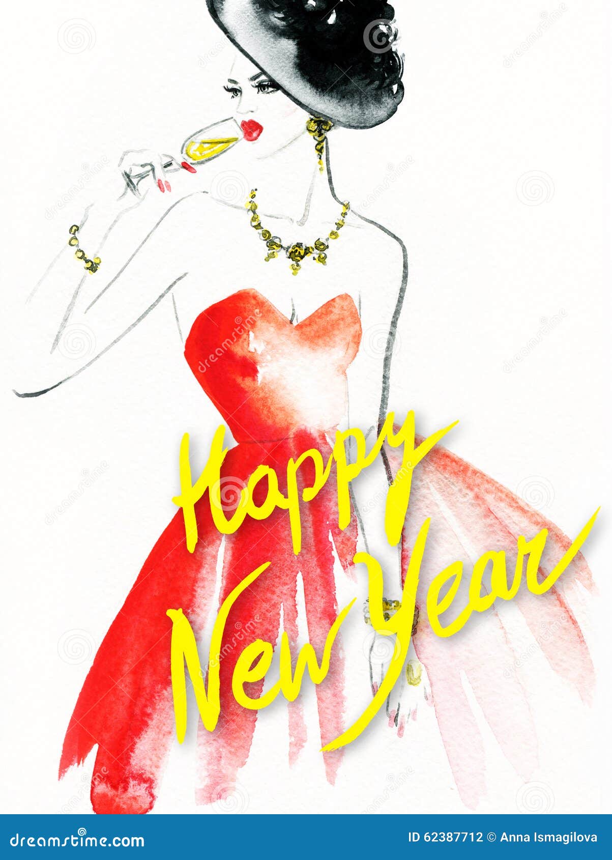 Woman with glass of champagne. Christmas and New Year holiday celebration. Watercolor illustration. Hand painted art fashion illustration