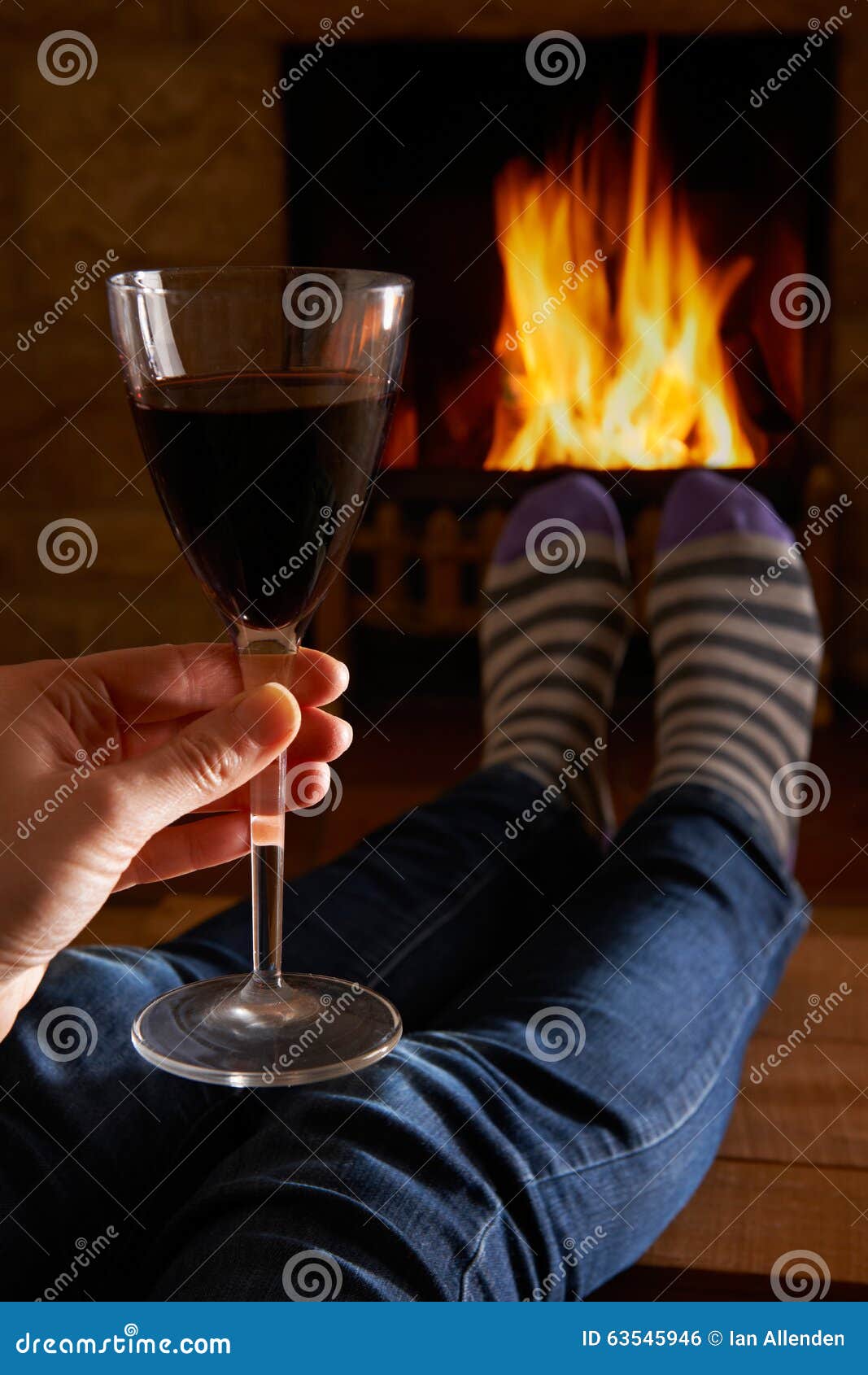 Woman with Glass of Red Wine Relaxing by Fire Stock Photo - Image of ...
