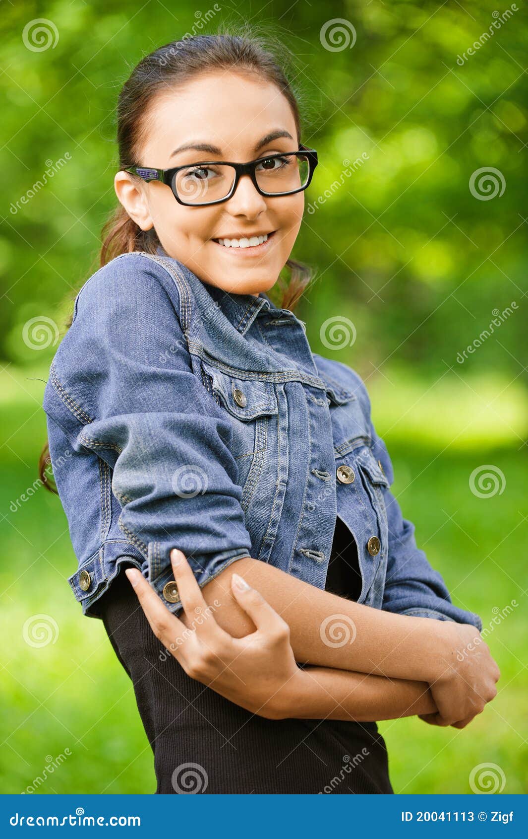 Woman in Glasses and Jeans Jacket Stock Image Image of cheerful
