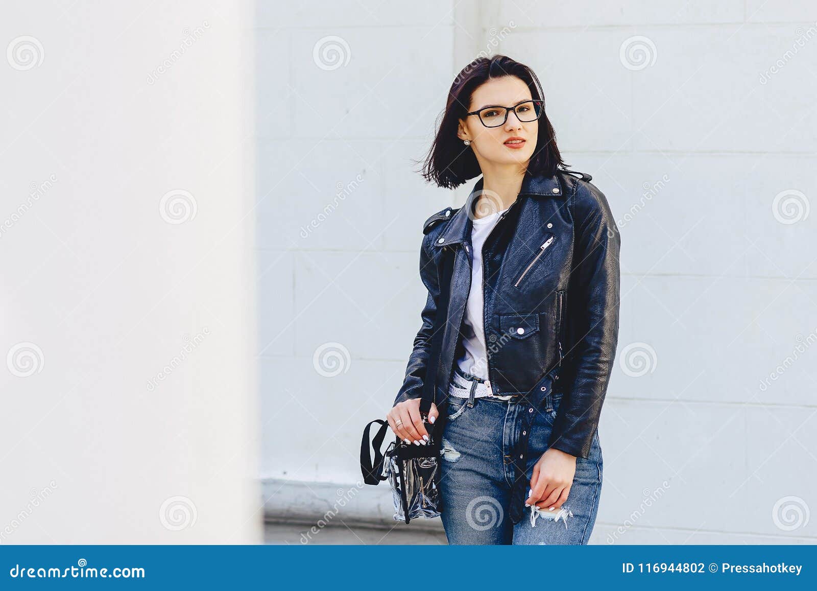 Woman in Glasses in Leather Jacket on Street Stock Photo - Image of ...