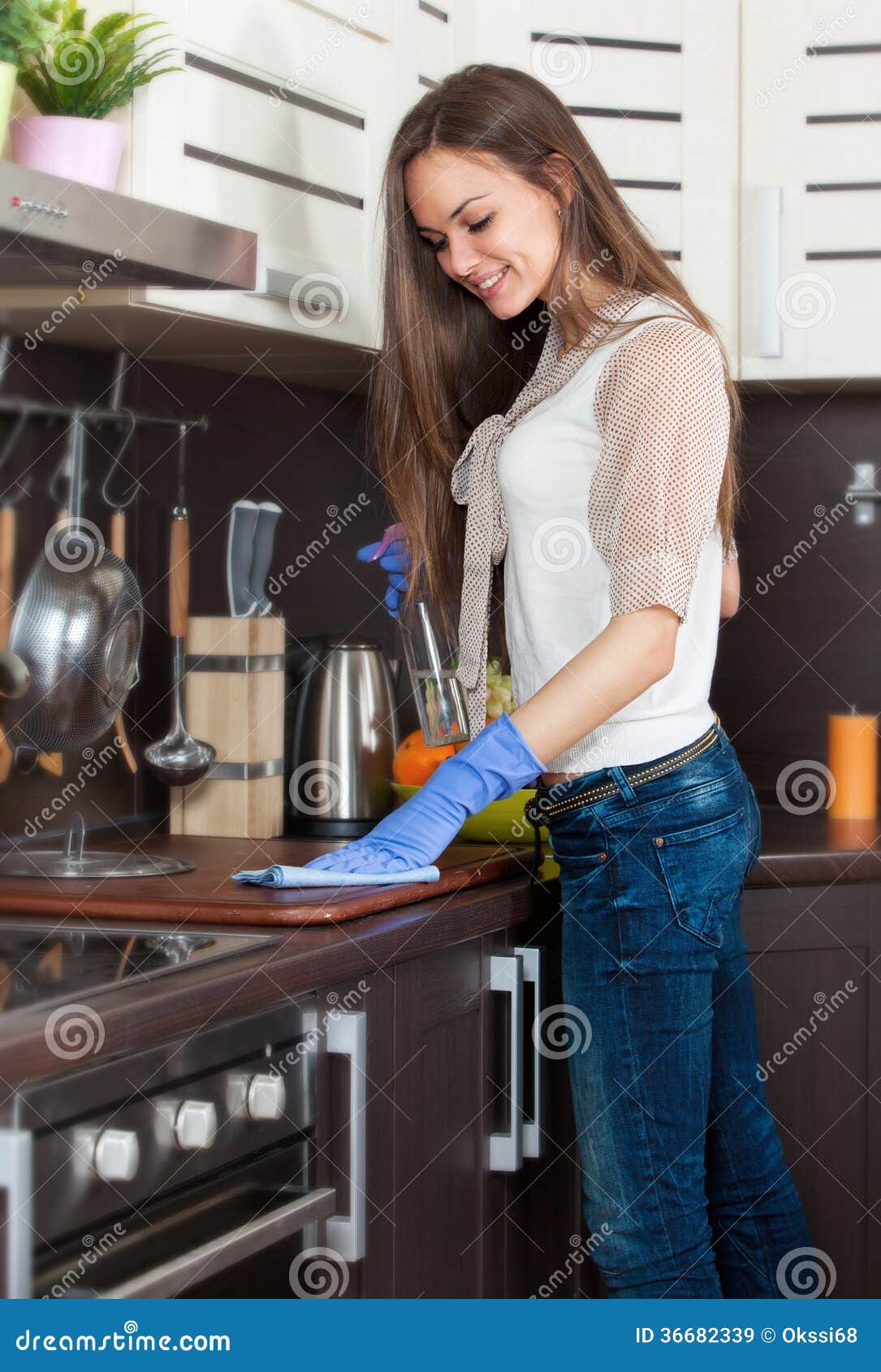 Woman with Gloves Cleaning Kitchen Stock Image Image of cheerful