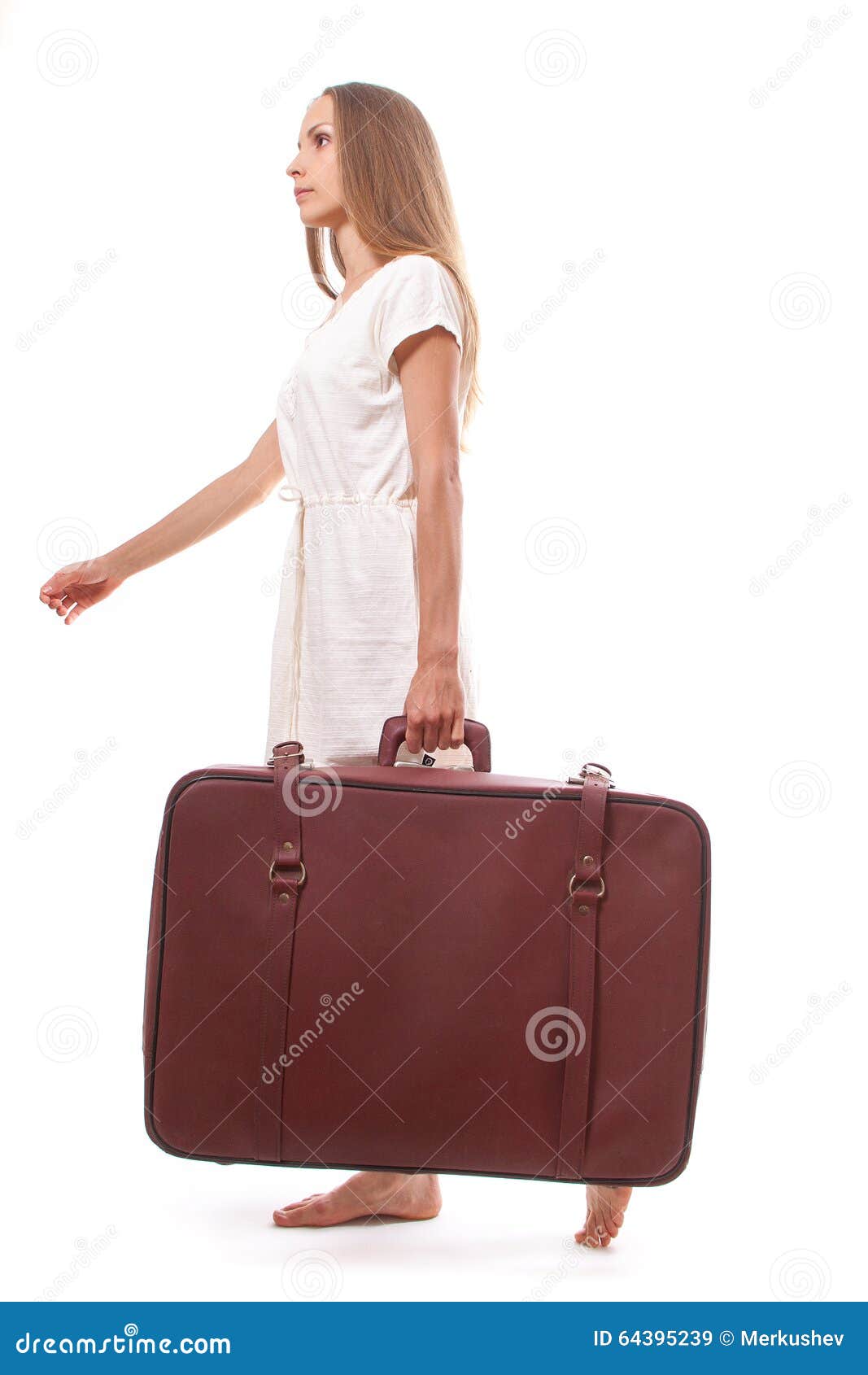 Woman Going with Heavy Suitcase, Isolated on White Stock Image Image