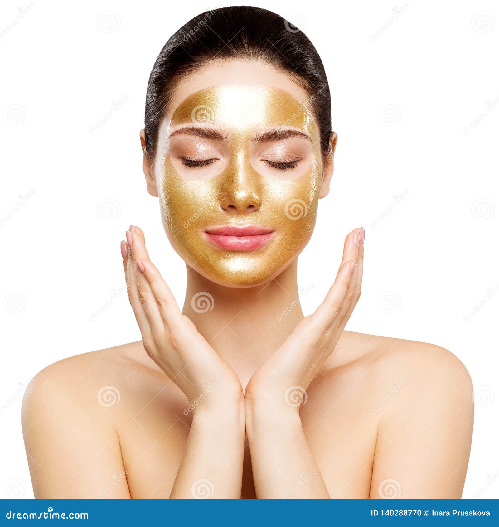 woman gold mask, beautiful model with golden skin cosmetic, beauty skincare and treatment