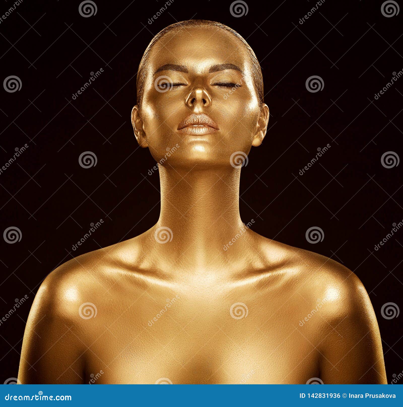 woman gold skin, fashion model golden body art, beauty portrait face and body shine as metal