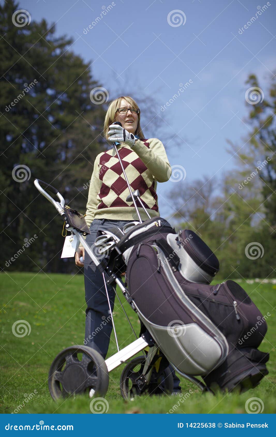 Woman with a Golf Trolley and Clubs Stock Photo Image of play, golfer