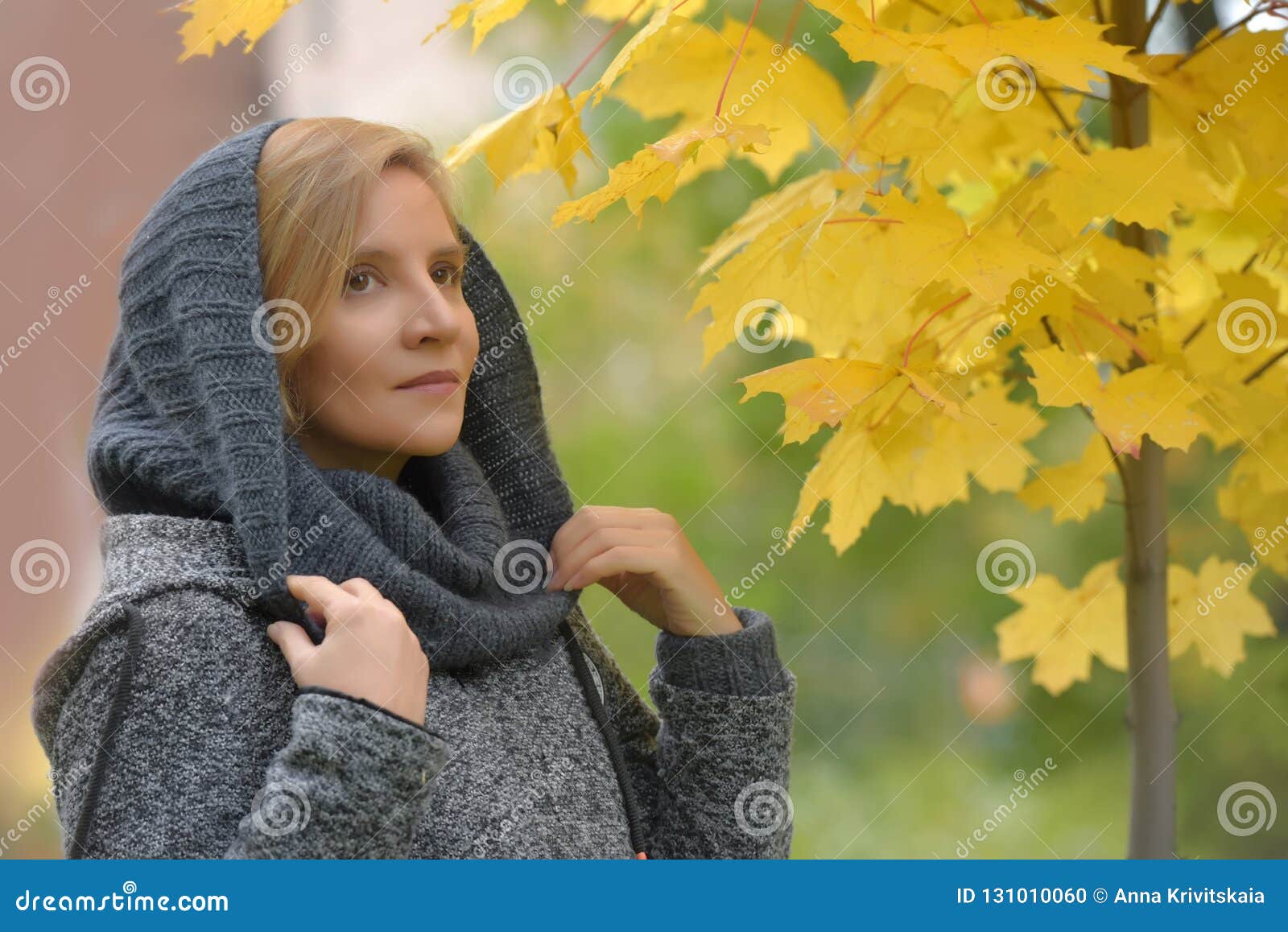 Woman in a Gray Coat with a Hood Stock Photo - Image of black ...