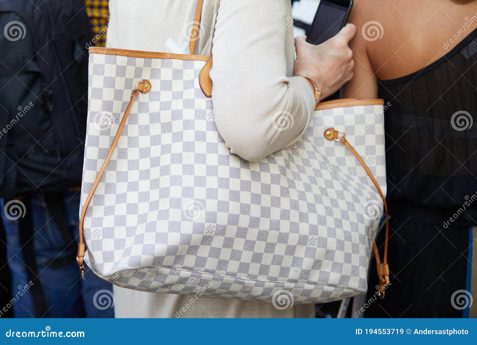 Woman with Gray and White Checkered Louis Vuitton Bag before