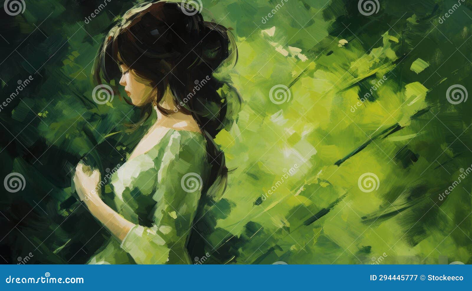 impressionistic acrylic painting: beautiful woman in green dress