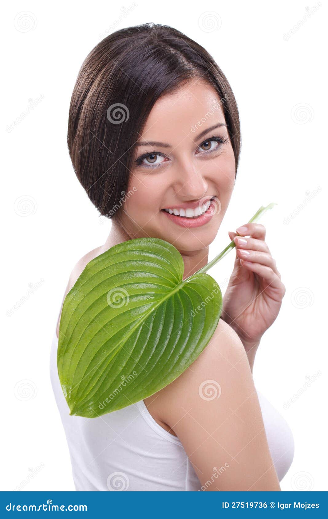 Woman with green leaf stock photo. Image of body, care 27519736