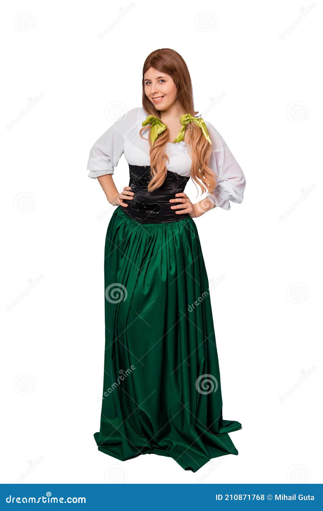 Woman in Green Skirt, Black Corset and White Shirt Posing Isolated on White  Background. Stock Photo - Image of cheerful, bavaria: 210871768