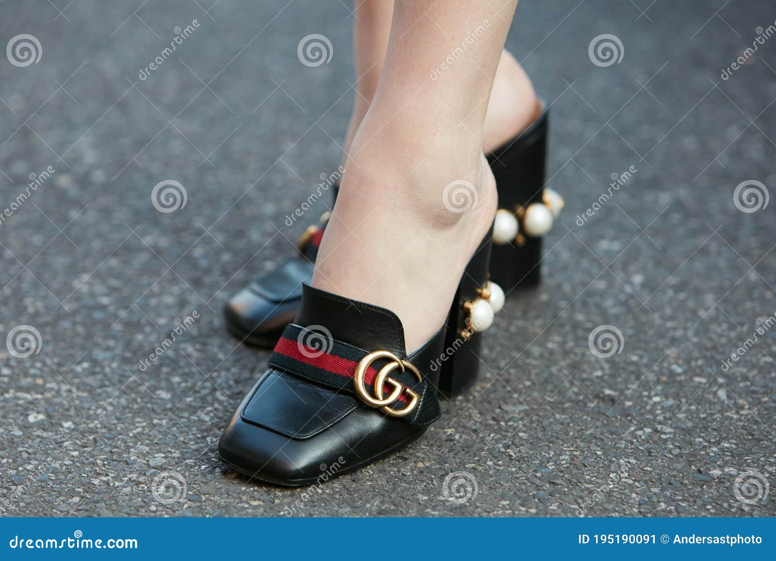 Woman with Gucci Shoes with Pearl Decoration before Prada Fashion
