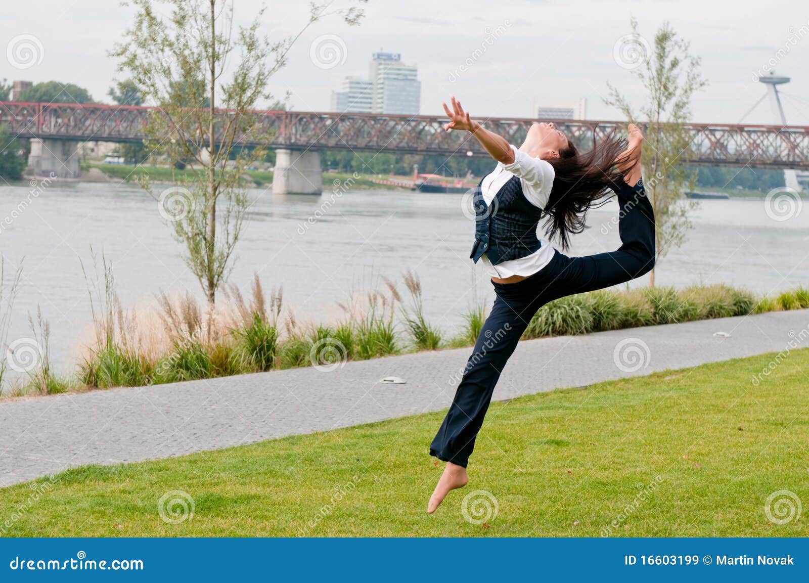 Woman in Gymnastics Jump Outdoors Stock Image Image of beautiful