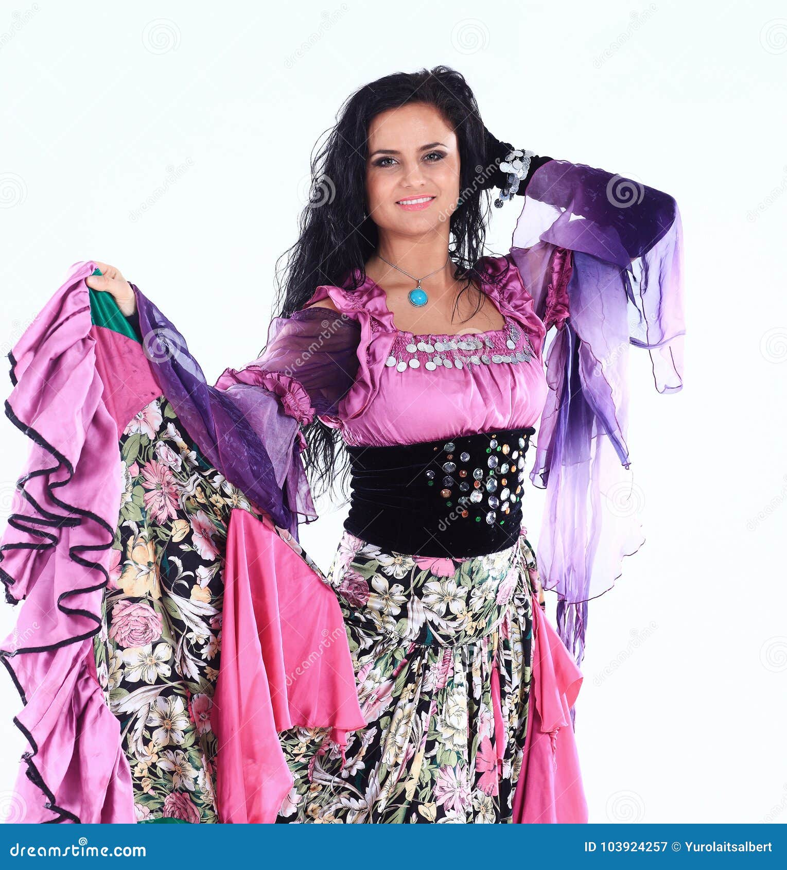 Portrait of a Beautiful Gypsy Dancer Performs the Dance on a White ...