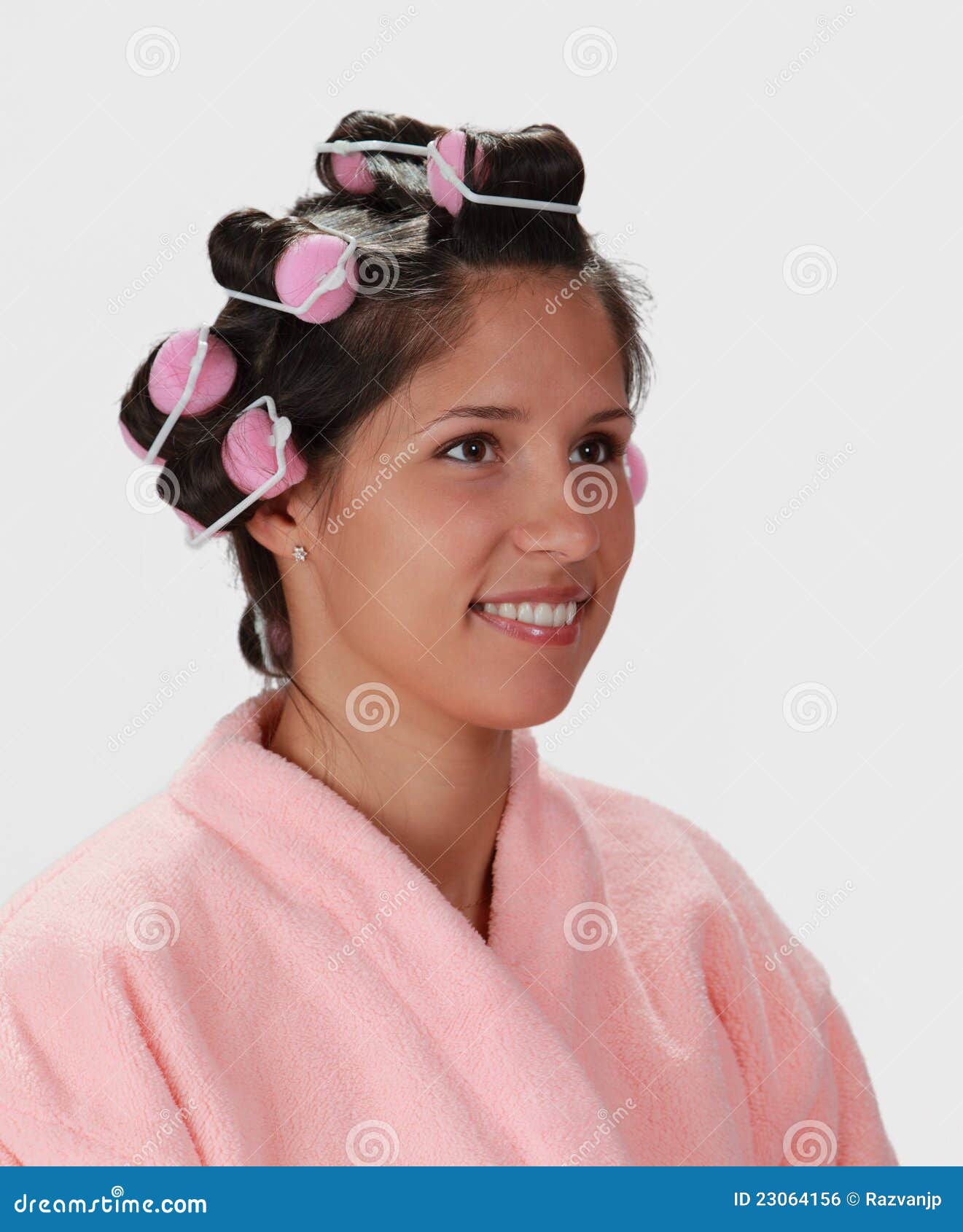 Woman With Hair Curlers Stock Photo Image Of Brunette 23064156