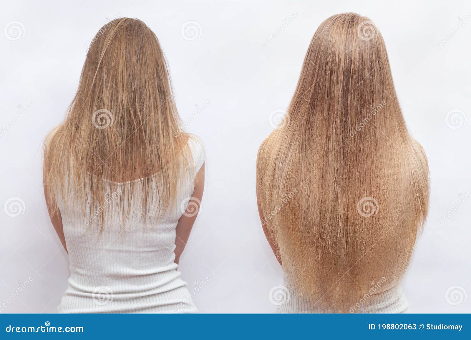 woman before and after hair extensions on white background. hair extension, beauty, tress, hair growth, styling, salon concept.