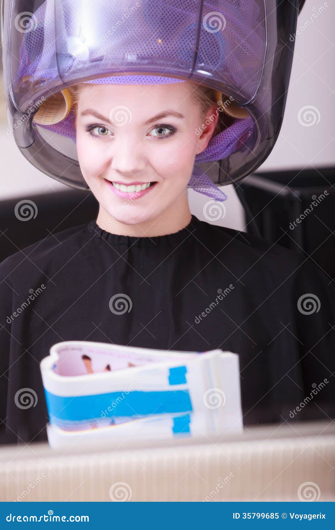 Woman Hair Rollers Curlers Reading Magazine Hairdryer Woman Hair Rollers Curlers Reading Magazine Hairdryer