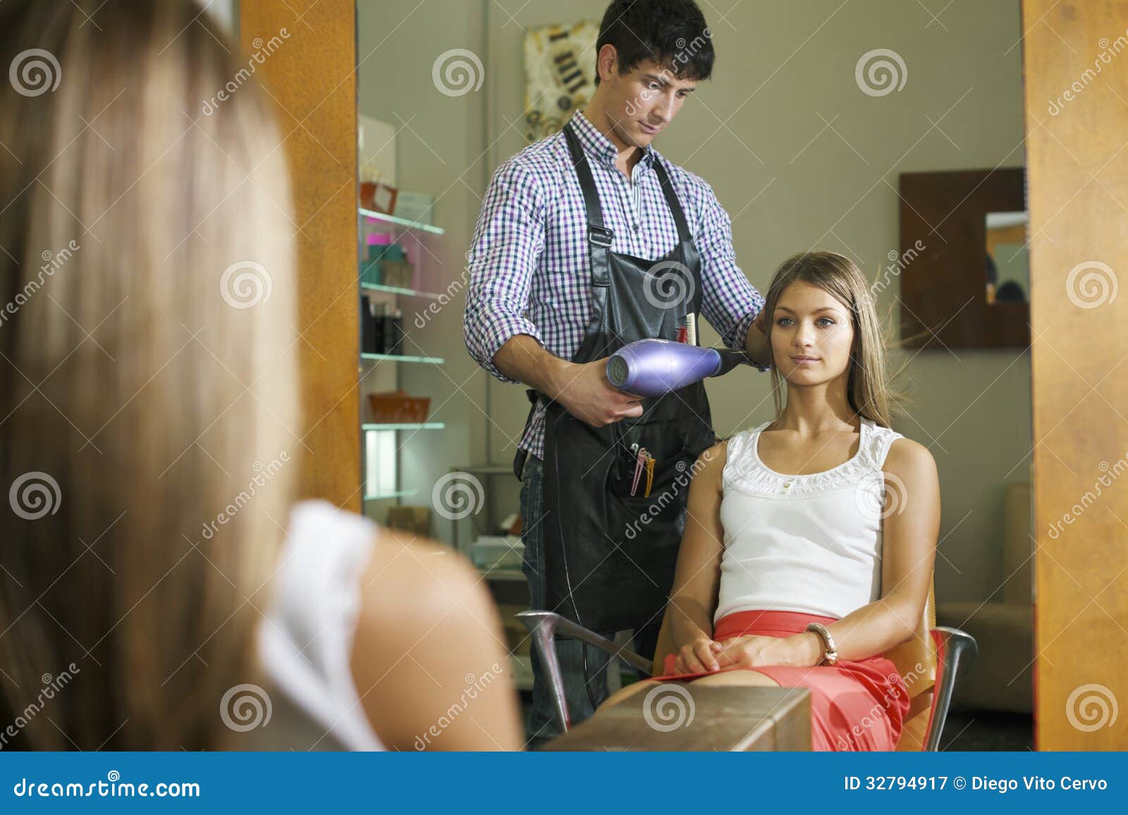 Woman In Hairdresser Shop Blow Drying Long Hair Royalty 