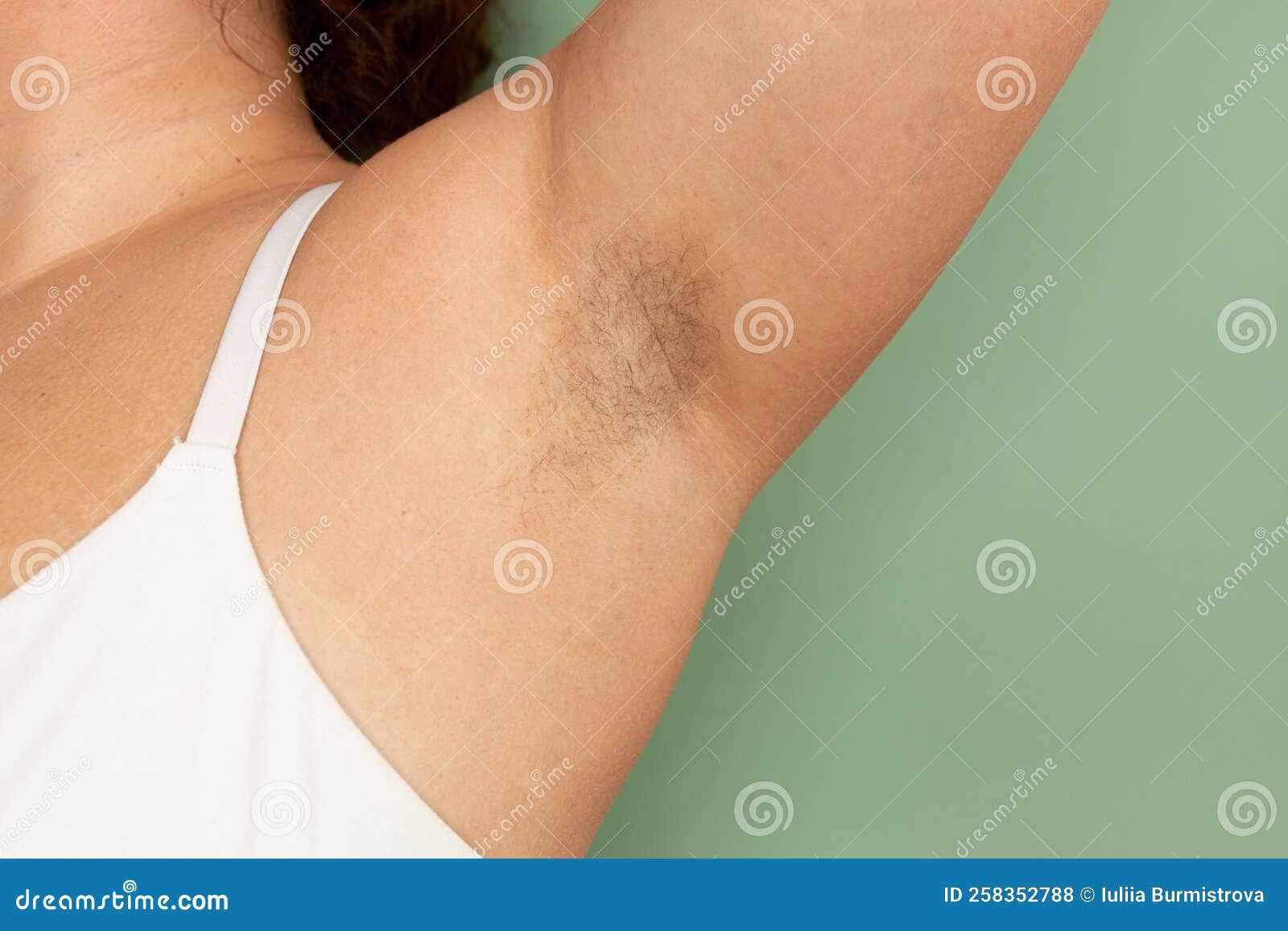 Woman with Hairy Underarms Closeup, Free Copy Space, Green Background.  Raised Arm with Armpit Hair Stock Photo - Image of deodorant, depilation:  258352788