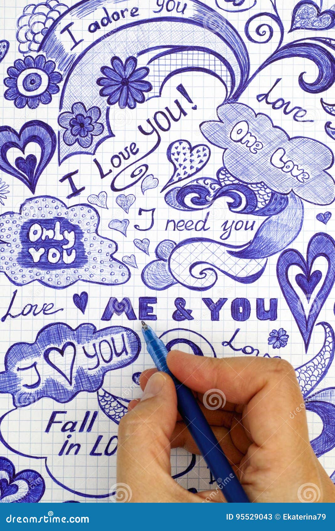 Woman Hand With Ballpoint Pen Draws Love Doodles Messages Stock