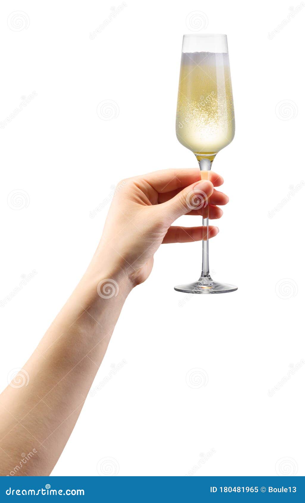 Woman Hand Holding Glass Of Sparkling Champagne Isolated On White Stock