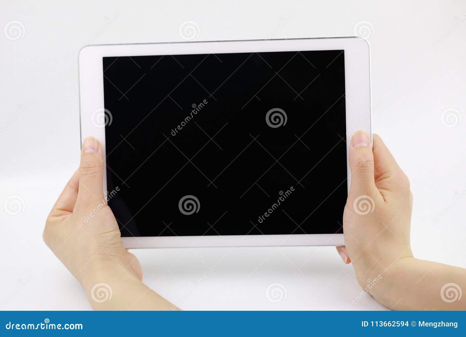 a woman hand holding smart ipad  on white background