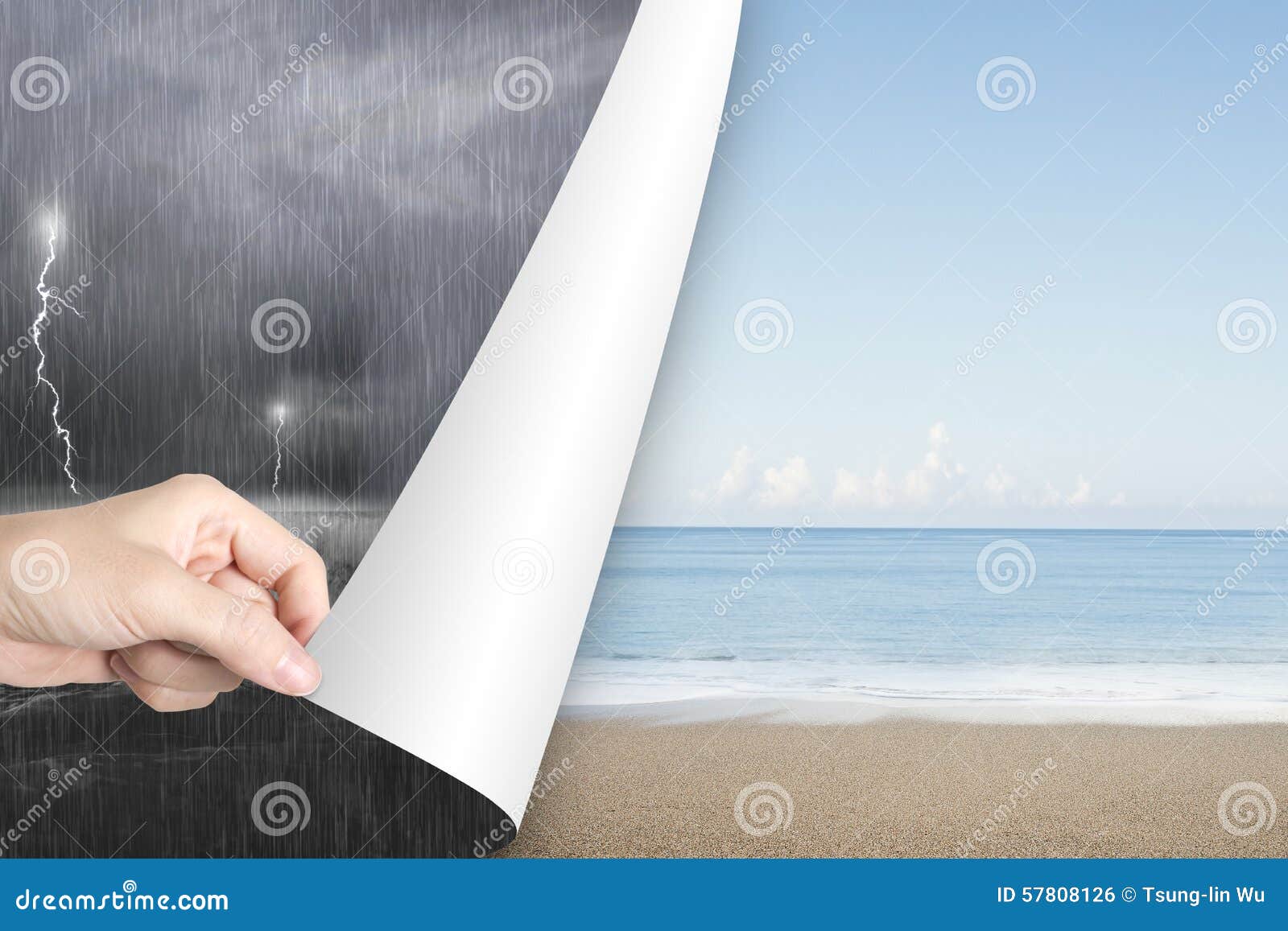 woman hand open calm beach page replace stormy ocean