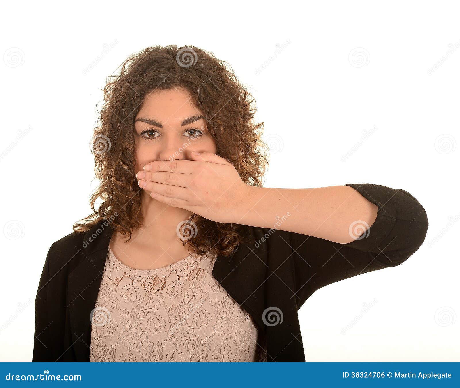 Woman with hand over mouth stock photo. Image of hand - 38324706