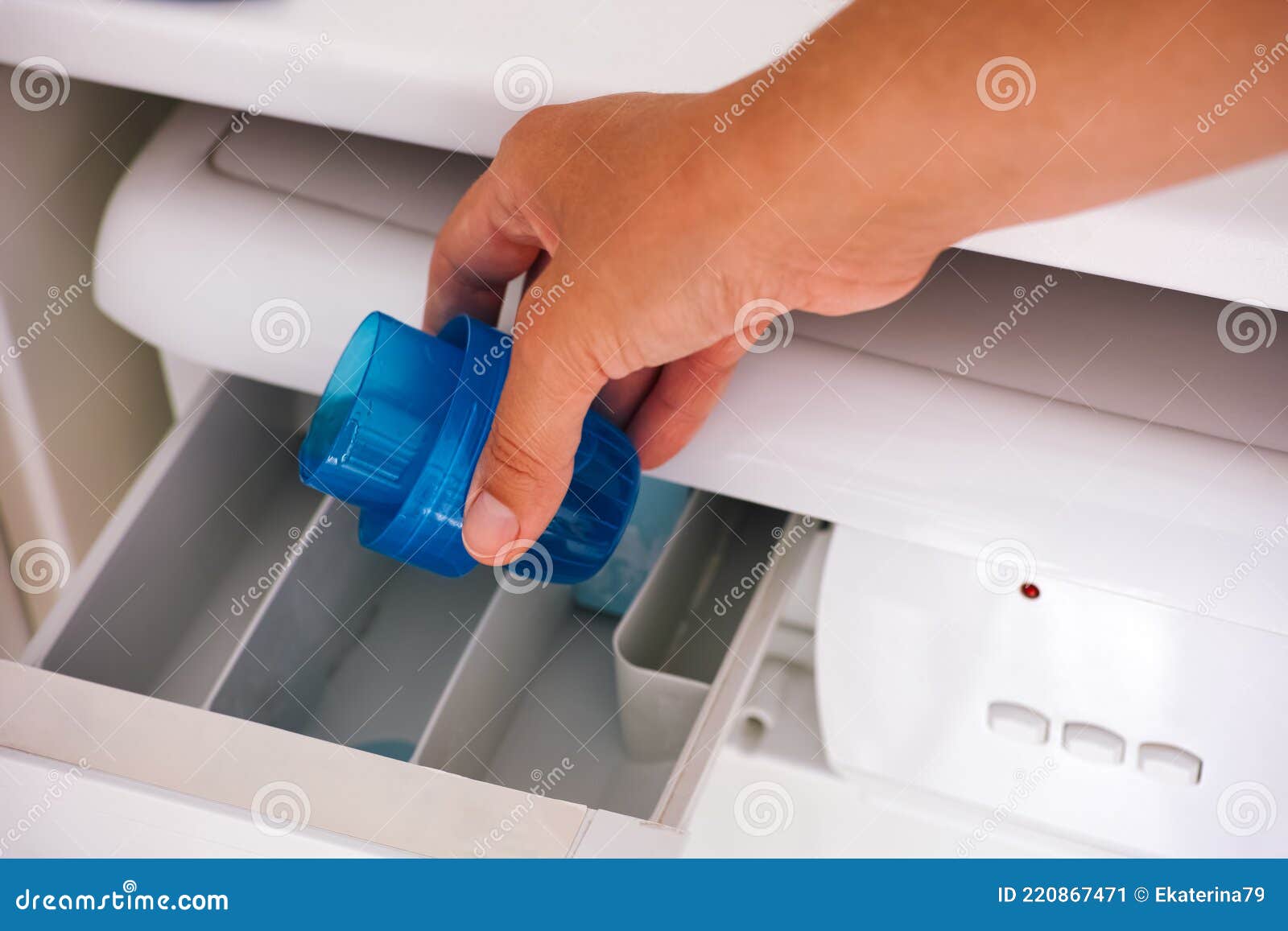 Woman Hand Pouring Liquid Detergent in a Washing Machine Stock Image