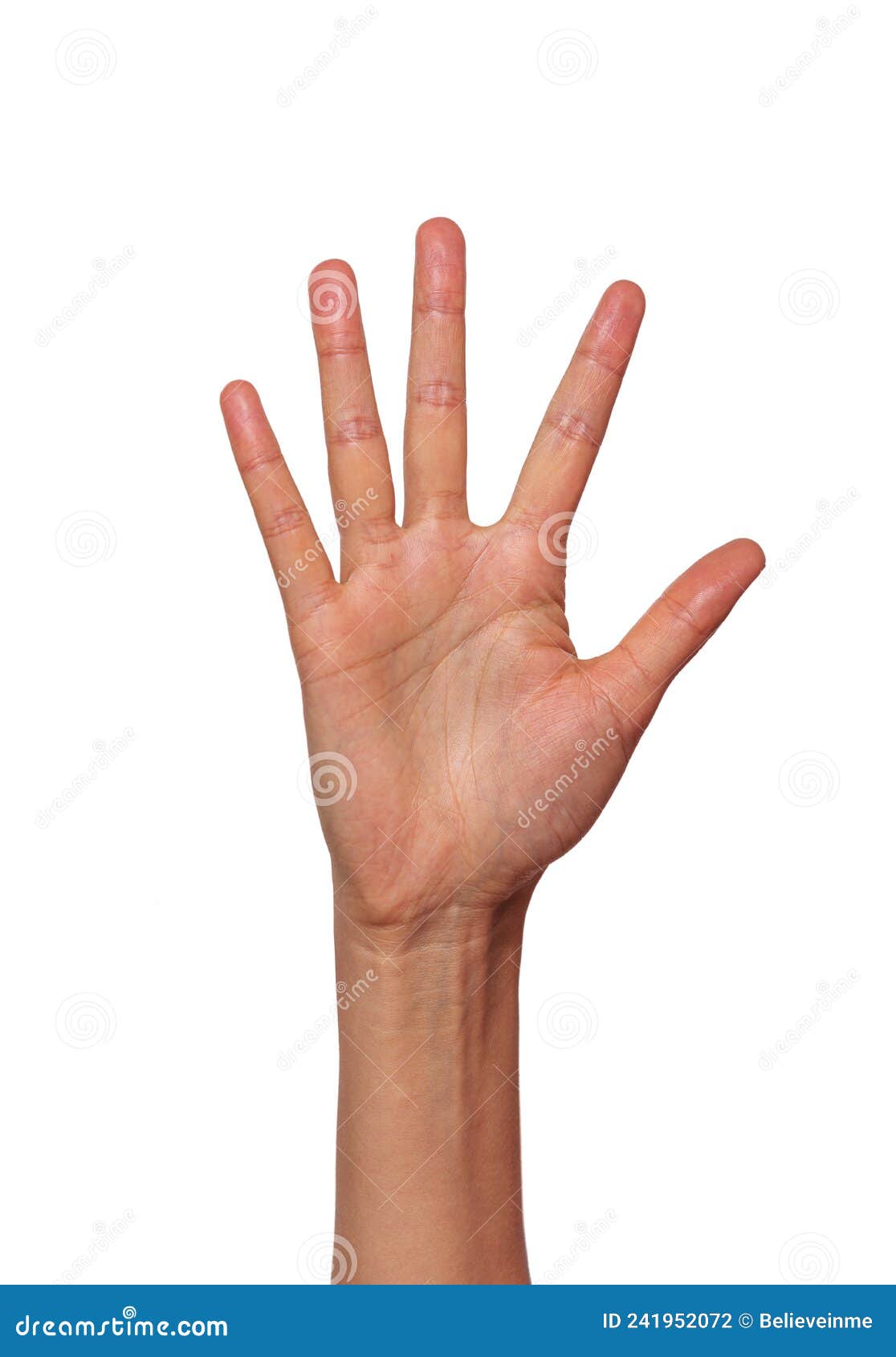 woman hand showing five fingers  on white