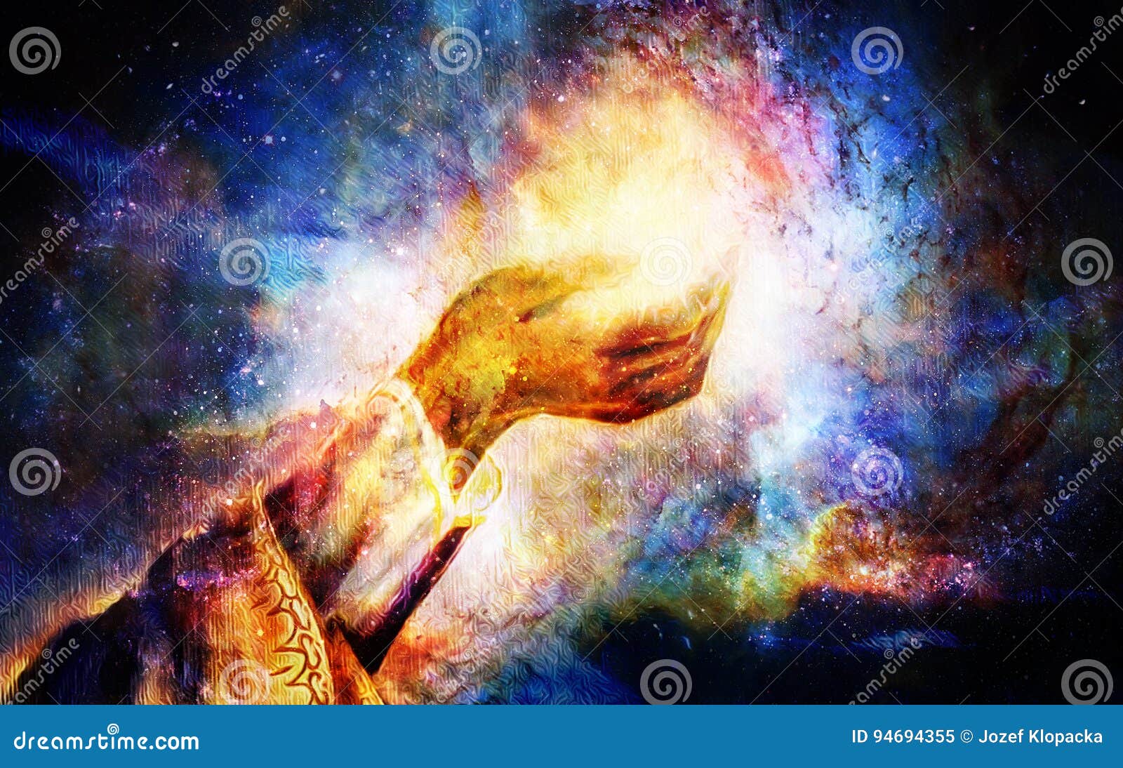 woman hand with spiritual mystic light, painting collage. cosmic space.