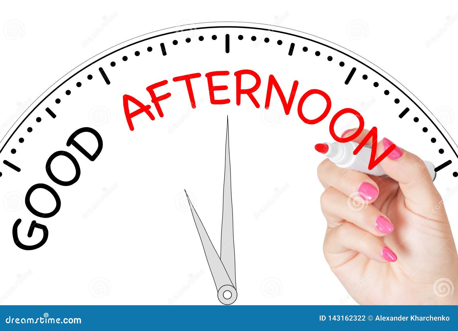 woman hand writing good afternoon message with red marker on transparent wipe board. 3d rendering