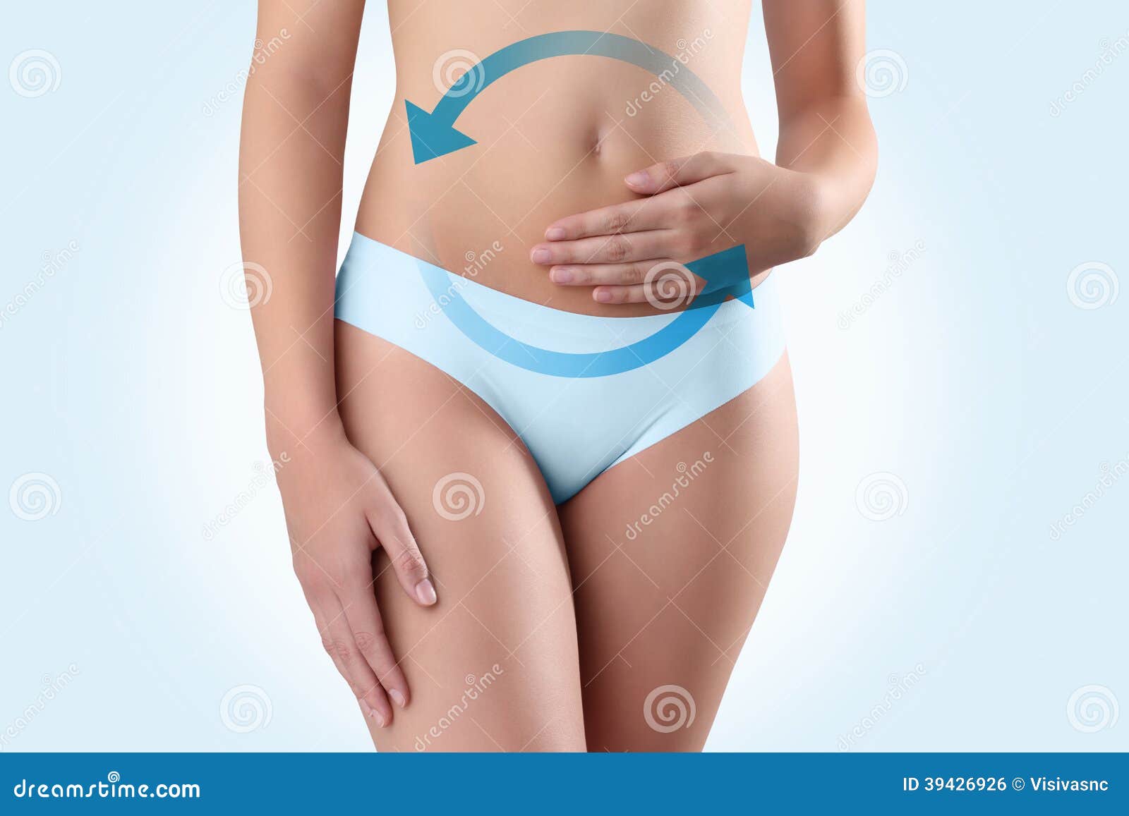 woman hands on belly with blue arrow