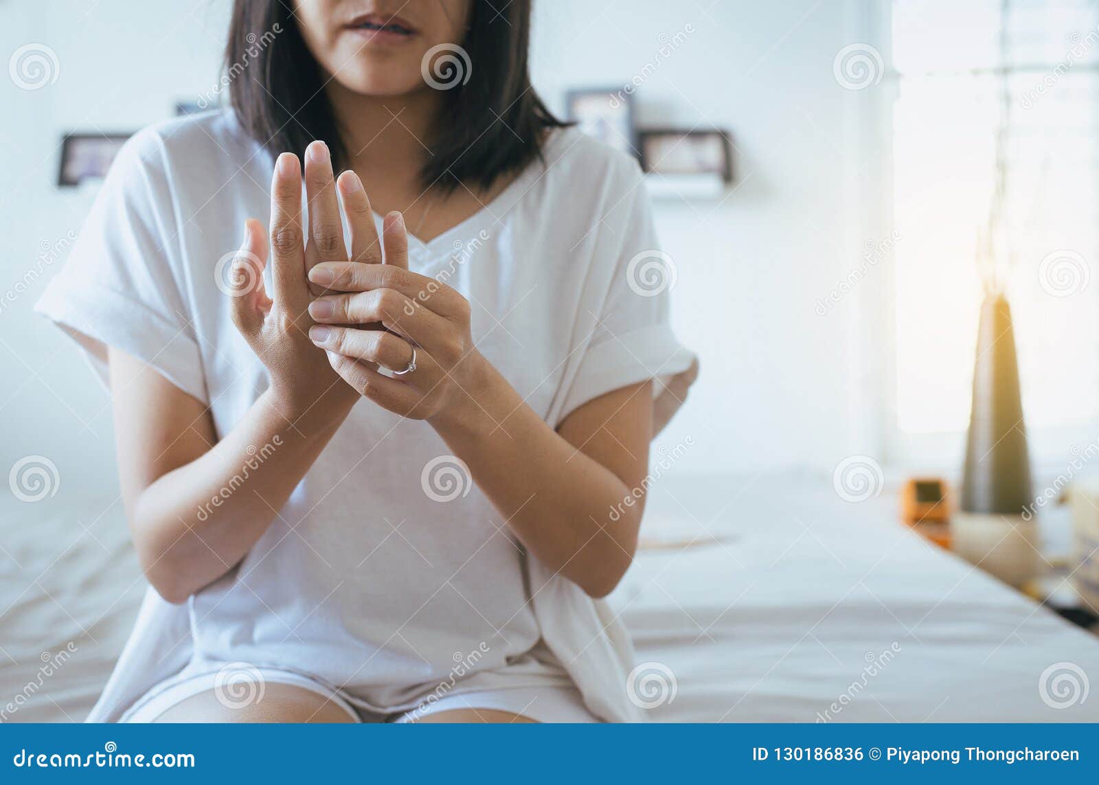 Woman Hands Checking Her Pulse with Fingers on Palm Stock Photo - Image