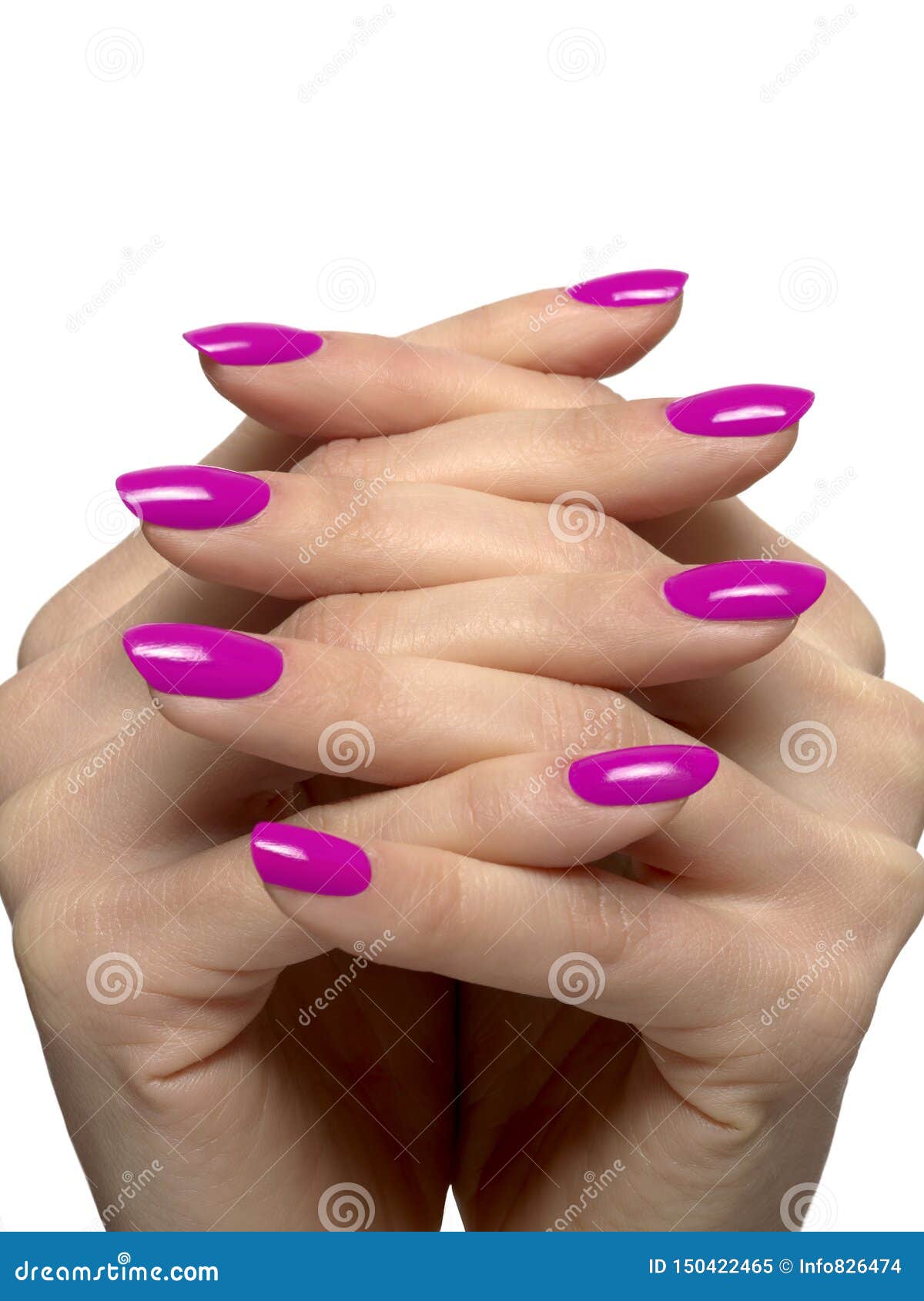 woman hands crossed with fucsia nails manicure