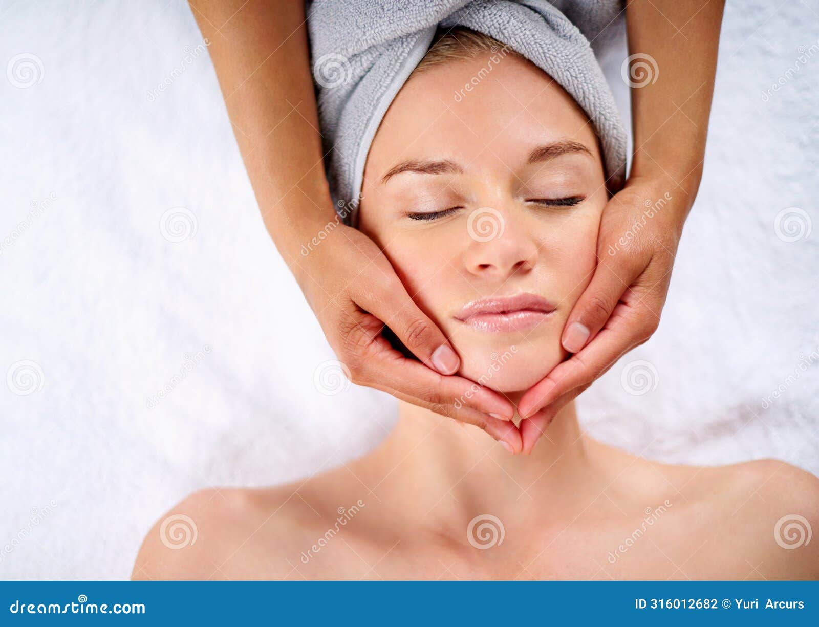 woman, hands and facial massage or pamper treatment, cosmetics and beauty therapy. female person, masseuse and serene or