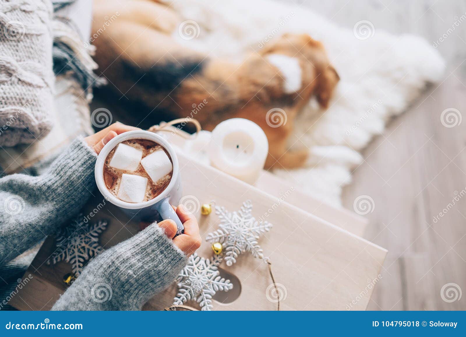 woman hands ith cup of hot chocolate close up image, cozy home,