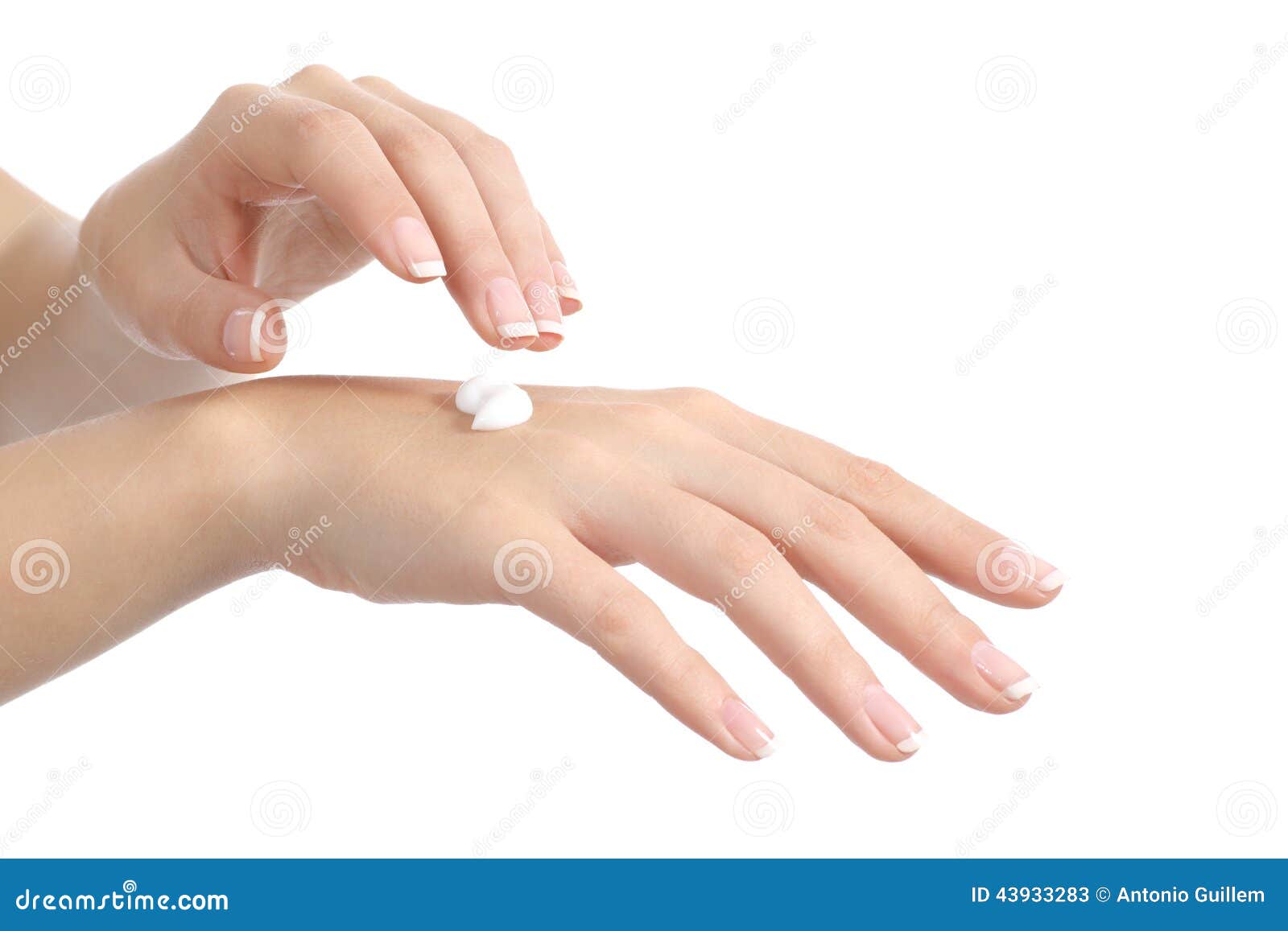 woman hands with perfect manicure applying moisturizer cream