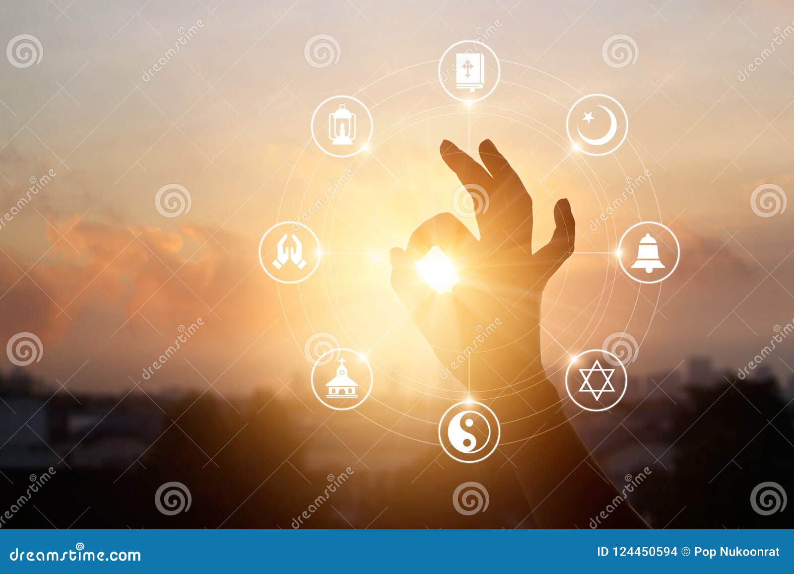 woman hands praying and religions icon on sunset background