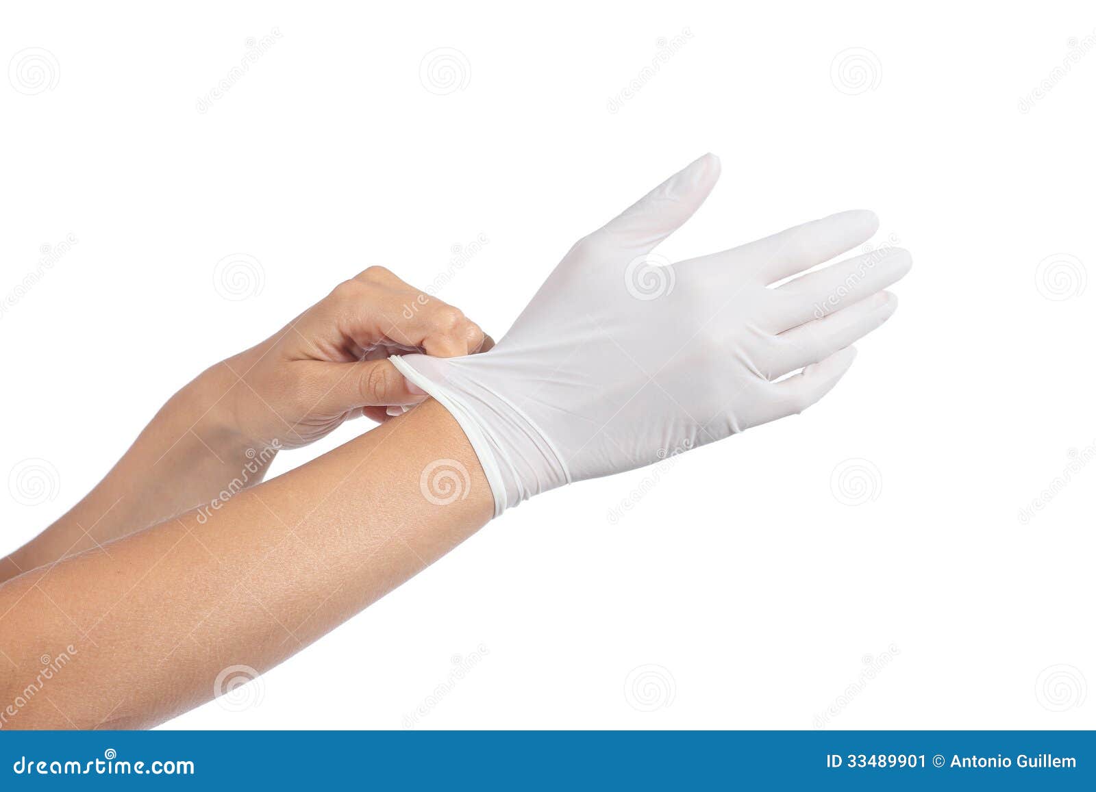 woman hands putting on a latex gloves