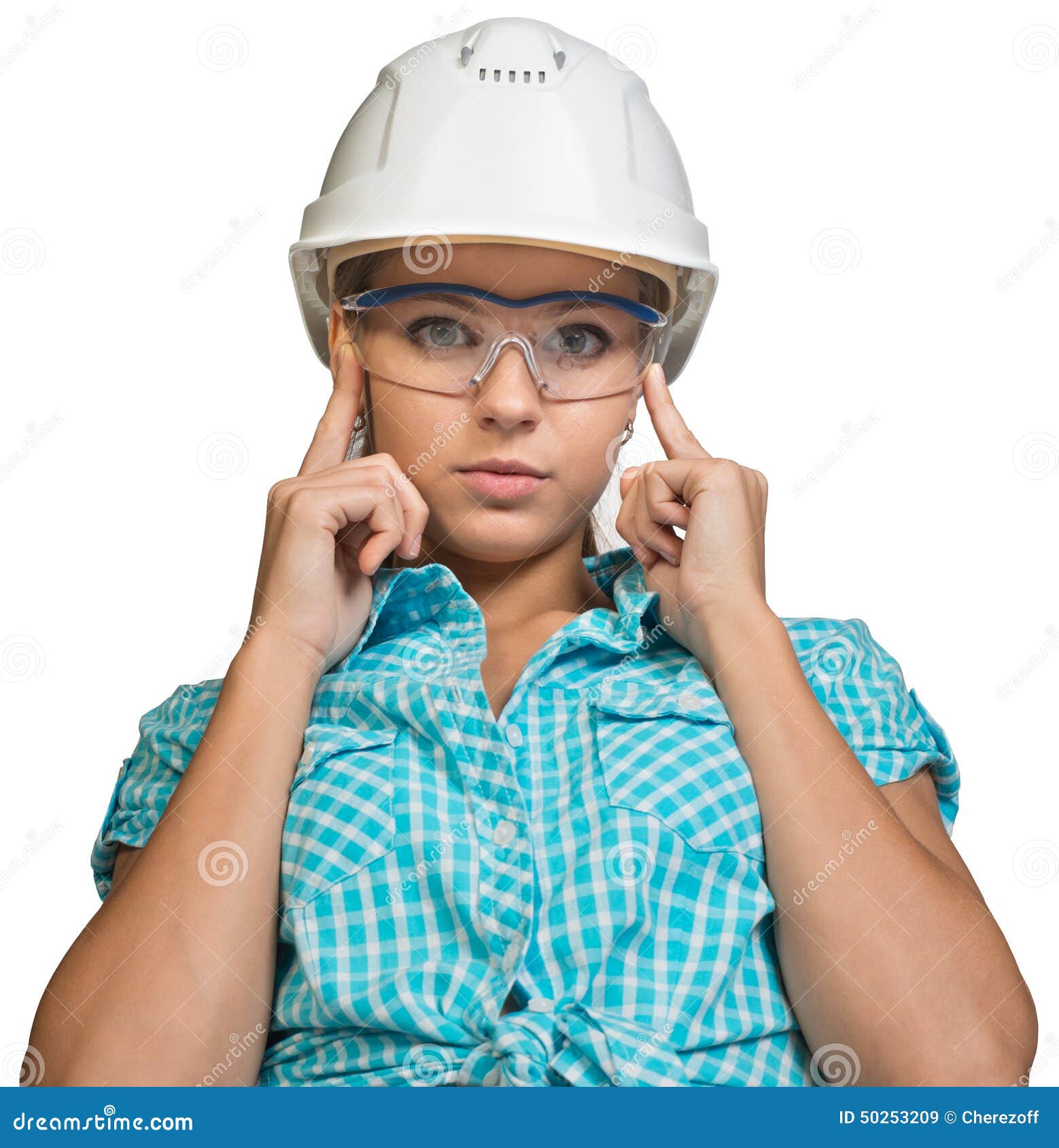 Woman in Hard Hat and Protective Glasses Stock Image Image of blue