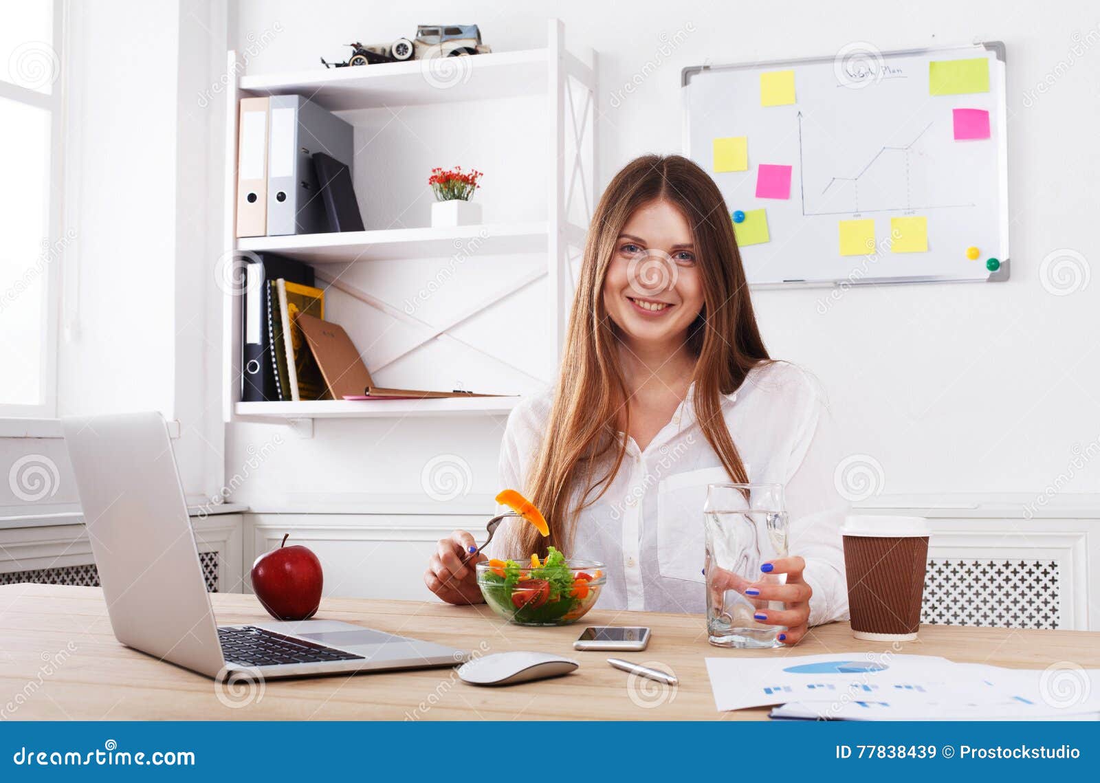 Woman Has Healthy Business Lunch in Modern Office Interior Stock Image ...