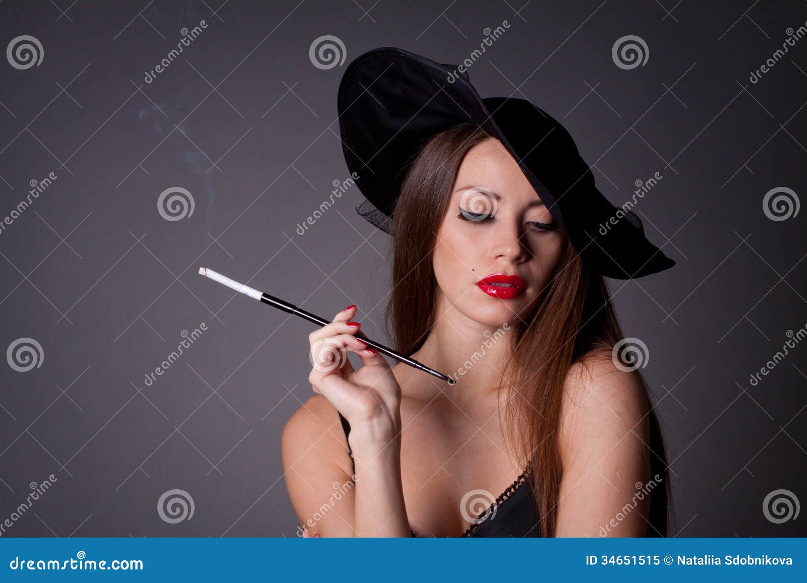 Woman in Hat with Cigarette Stock Image Image of fashion, makeup
