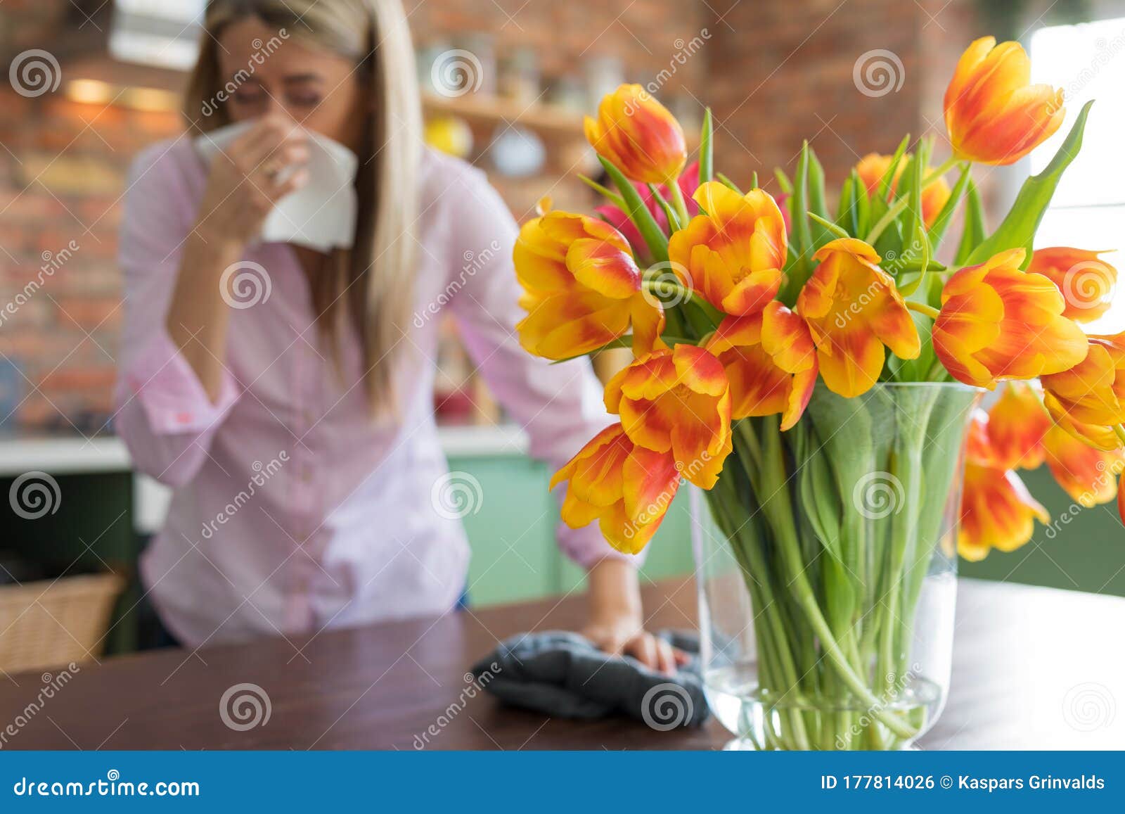 woman having allergies to flowers
