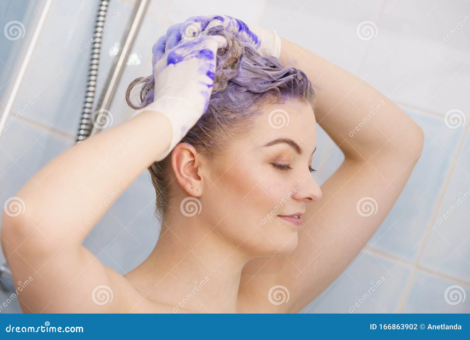 Woman Under the Shower with Colored Foam on Hair Stock Photo - Image of hair,  wash: 166863902